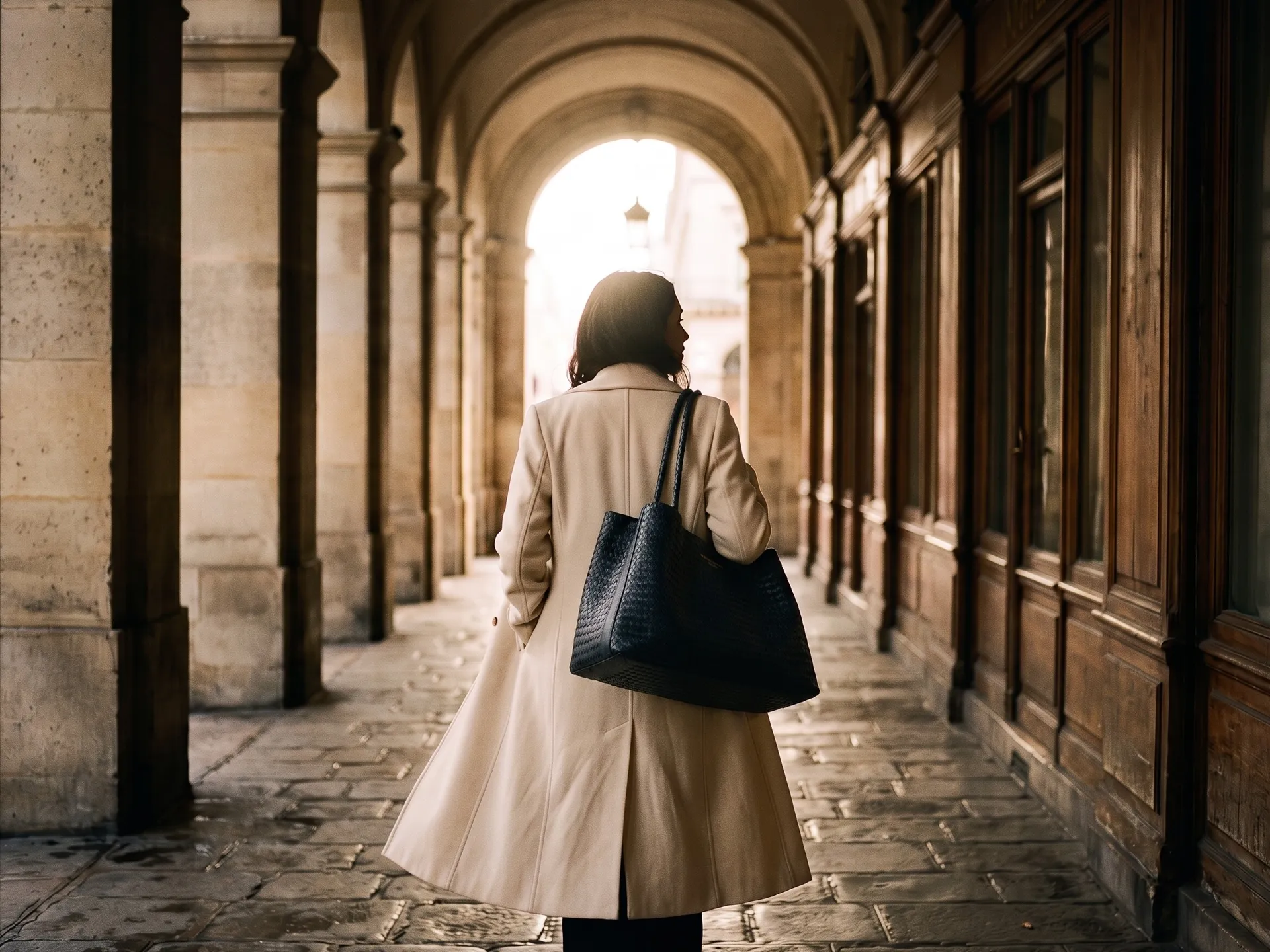 Femme portant un cabas tressé Pierre Cardin sous une arcade
