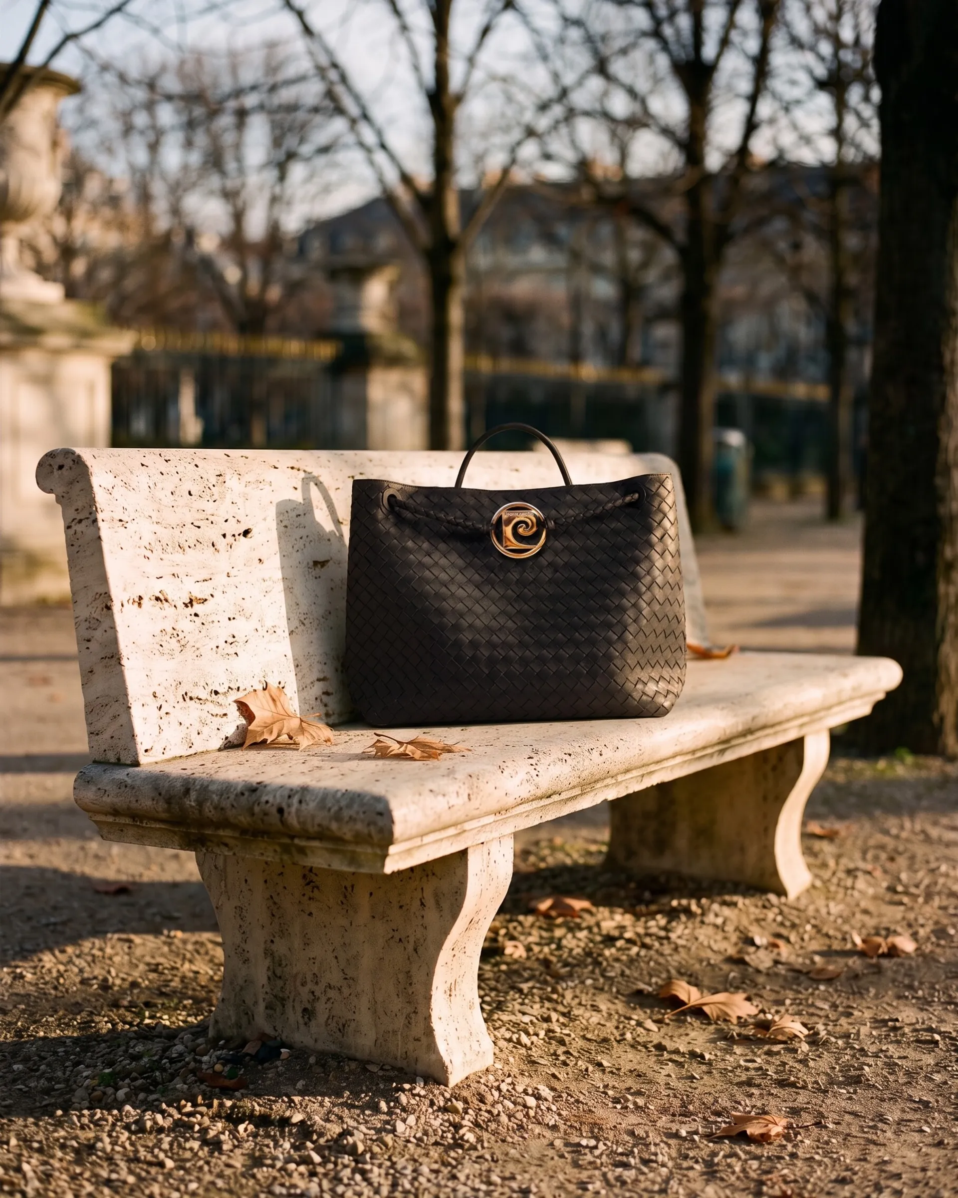 Cabas tressé médaillon Pierre Cardin posé sur un banc en pierre